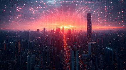 Fototapeta premium Sunrise over cityscape, futuristic digital glow