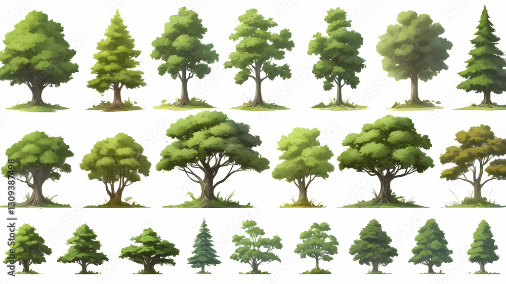 Poster collection of 21 trees in various shapes, sizes, and styles on a white background