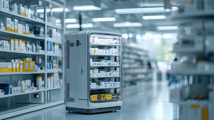 Automated Pharmacy Robot Delivering Medications on Shelves with White Blue and Yellow Color in Modern Warehouse