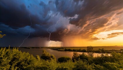 A dramatic thunderstorm with tornadoes over the danube at sunset