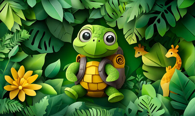 Fototapeta premium Turtle tourist in lush jungle, illustrated travel, cute wildlife