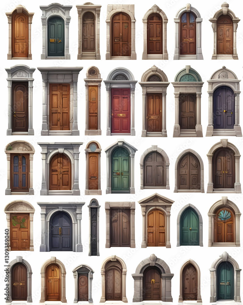 Poster a collection of different types of wooden doors, each with a unique design and style, arranged in a grid pattern