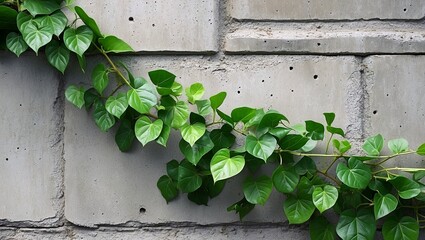 Lush green climbing plant leaves on concrete wall