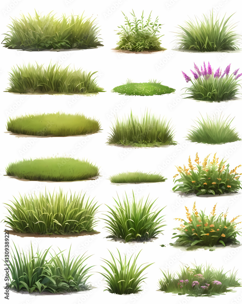 Poster a collection of various types of grass, meticulously arranged. Different varieties are showcased in an array of shapes and styles