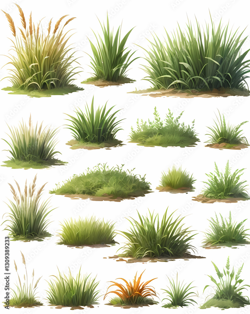 Poster diverse collection of grass plants, each with unique shapes and textures, presented against a clean 
