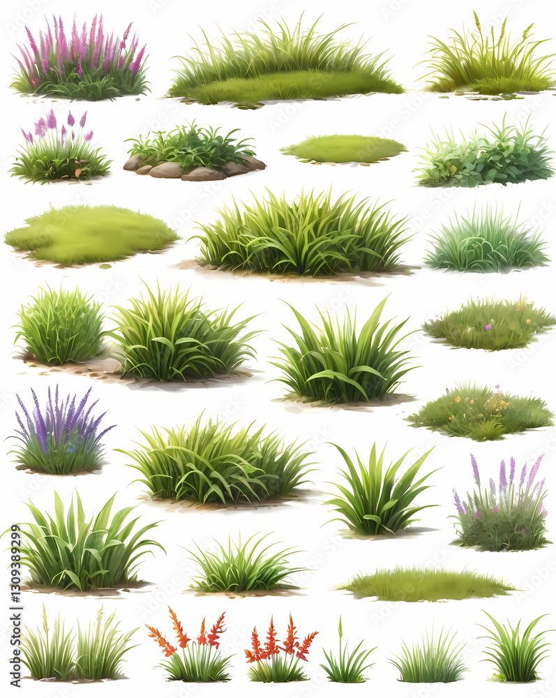 Poster a collection of diverse grass illustrations, showcasing various forms and textures