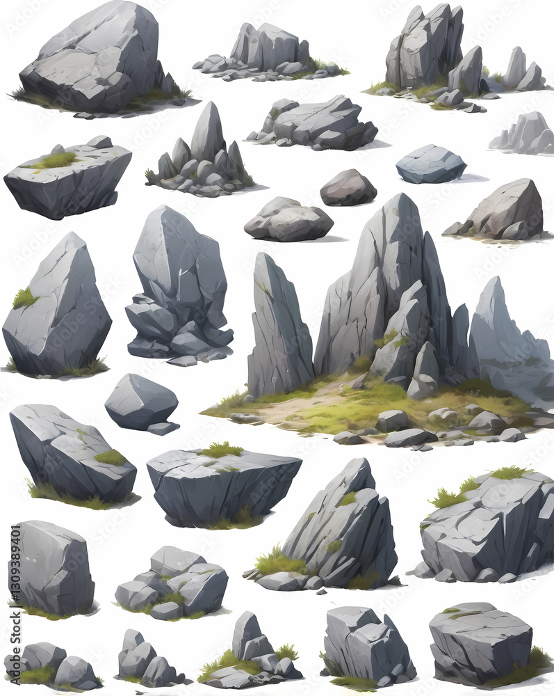 Poster a collection of various gray stones, displayed on a clean background, showcasing a variety of sizes 