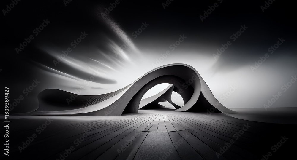 Poster abstract black and white image of a curved architectural structure creating a tunnel. blurry backgro