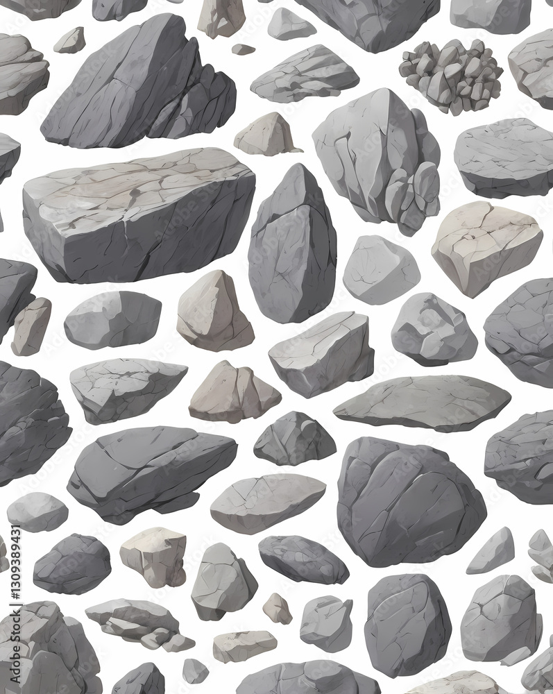 Poster a collection of different size of stones and rocks on floor. the stones are in different sizes, shap