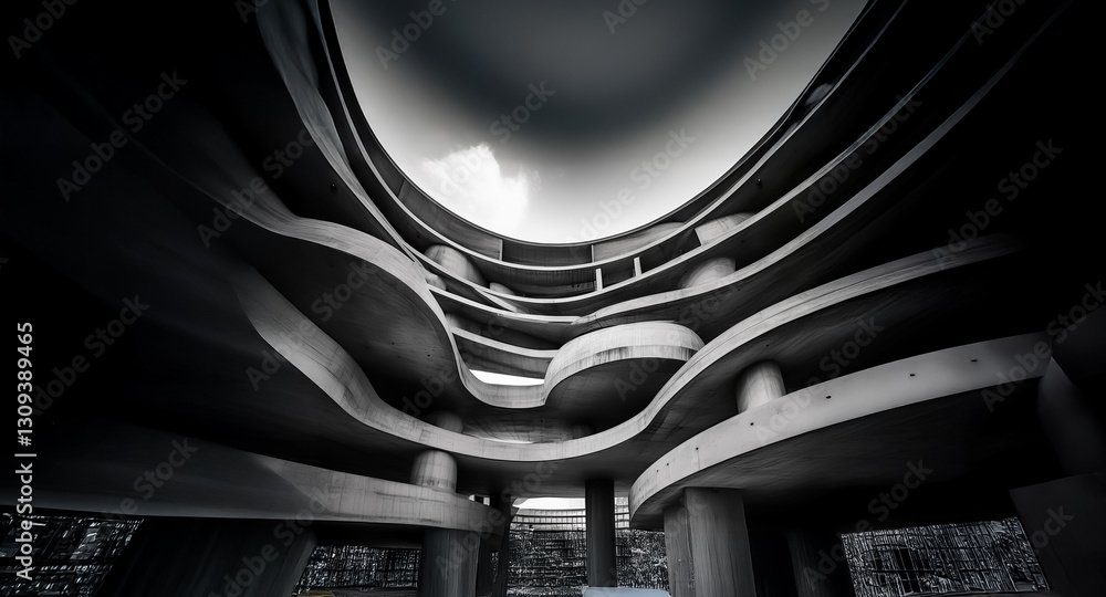 Poster abstract view looking up inside a modern concrete structure. curved levels create a dynamic perspect
