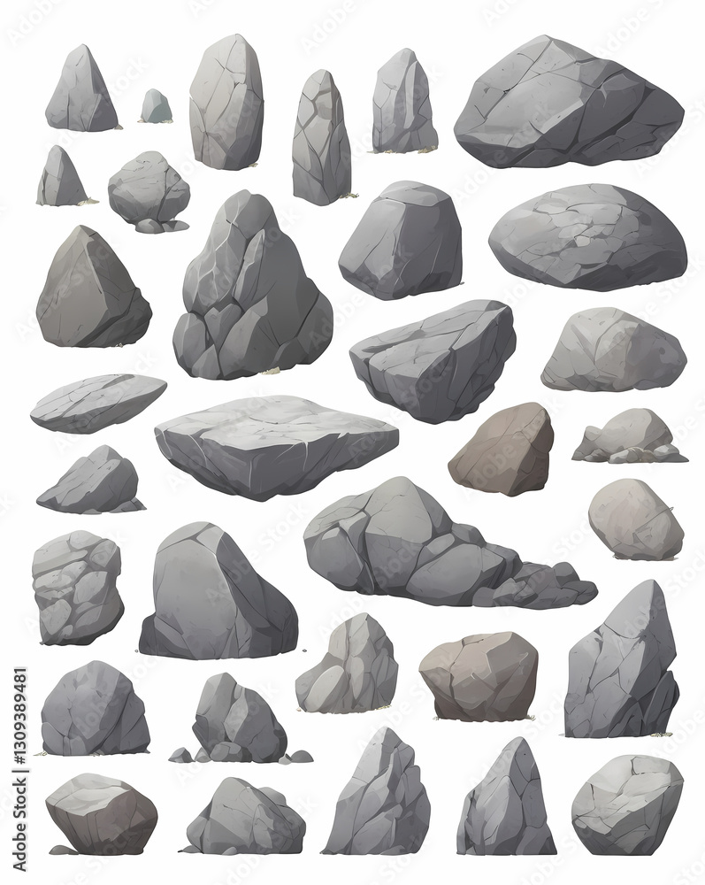 Poster collection of various stones and rocks. different shapes and sizes