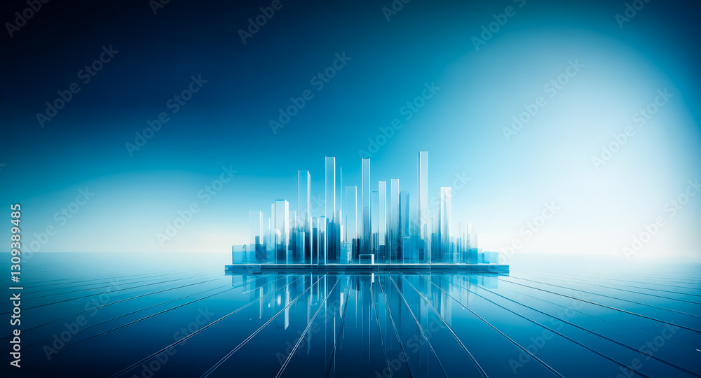 Fototapete abstract blue cityscape with blurred background and reflections. the digital skyline is composed of 