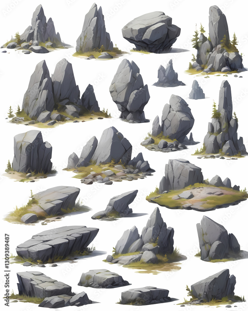 Poster collection of different sized and shaped rocks. Some have small patches of grass and moss growing around them.