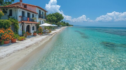 Fototapeta premium Coastal villa, beach relaxation, turquoise sea, sunny day, summer vacation