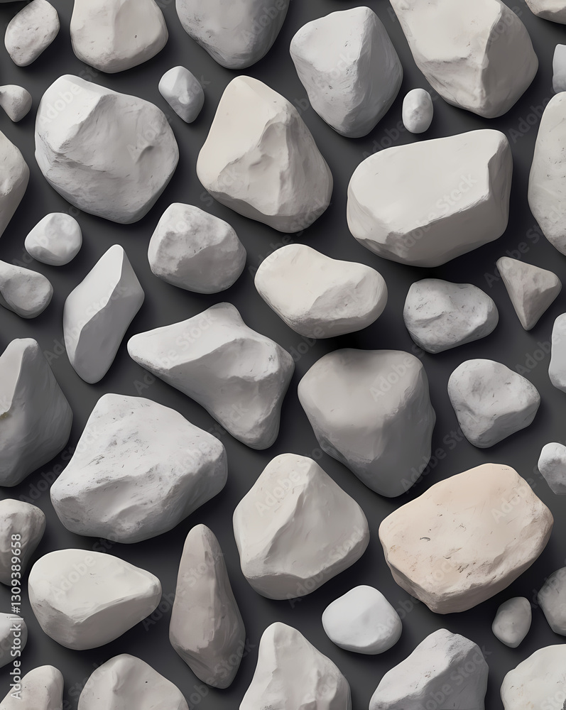 Poster an array of smooth, grey stones arranged on a dark surface, with various sizes and textures