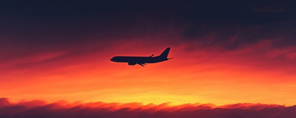 A silhouetted airplane soars across a vibrant red and orange sky