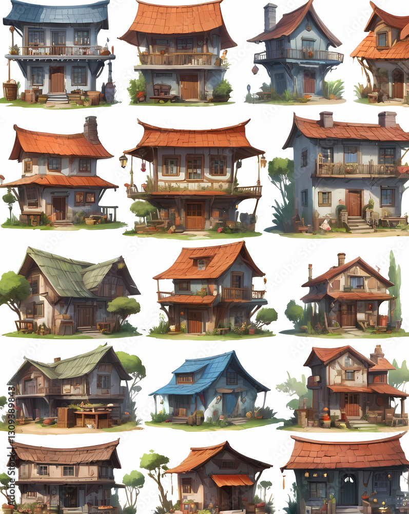 Poster a collection of various house illustration with unique design in a vibrant composition