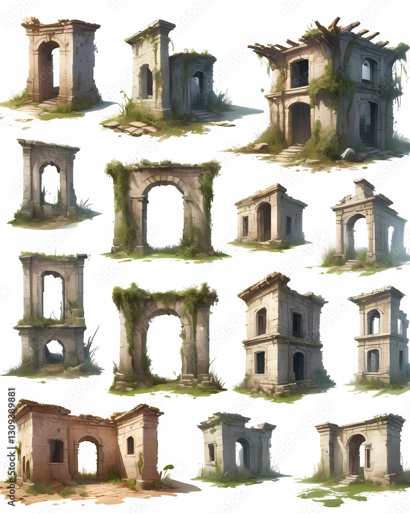 Poster a collection of weathered archways and building ruins covered in vines, isolated on a plane