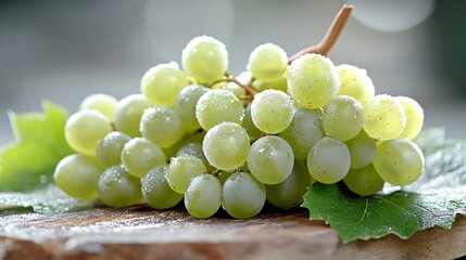 Fresh Green Grapes with Water Droplets on a Wooden Surface Surrounded by Leaves in Natural Light