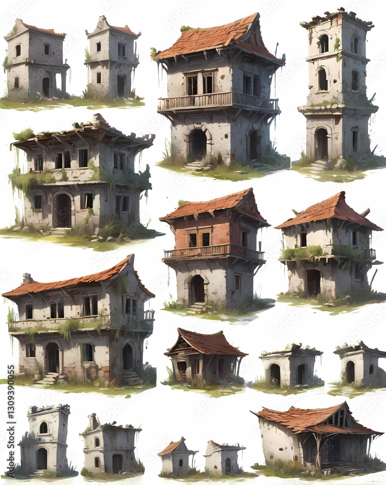 Aufkleber ancient architectural elements set against a backdrop of multiple structures, showcasing historical ruins and classical structural elements.