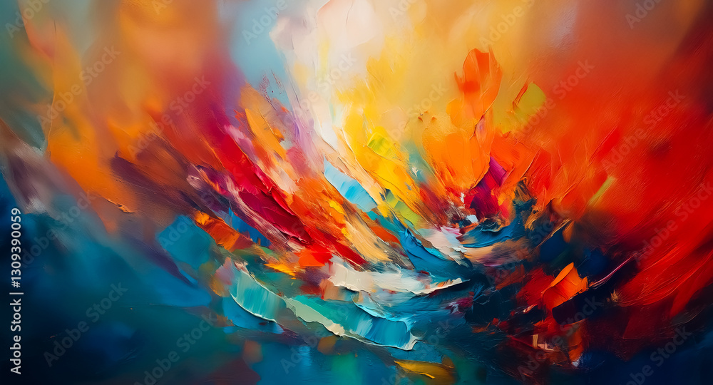Poster Vibrant abstract painting featuring a dynamic blend of warm and cool colors. Bold brushstrokes create a sense of movement and energy in this colorful artwork.
