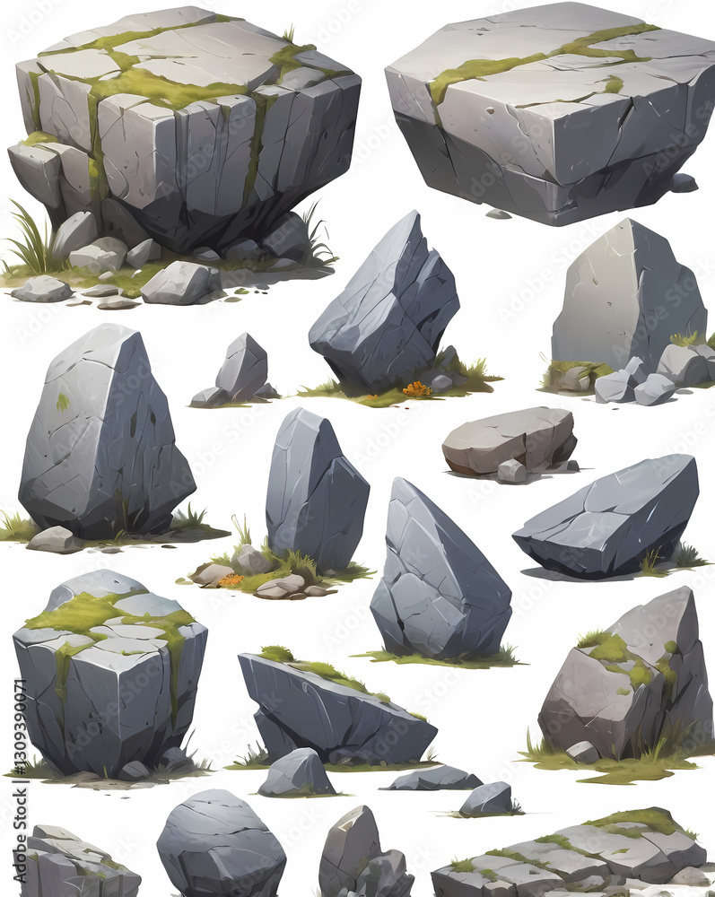 Leinwandbilder various rocks and stones of different shapes and sizes with a touch of moss on some of them, isolated against a neutral backdrop