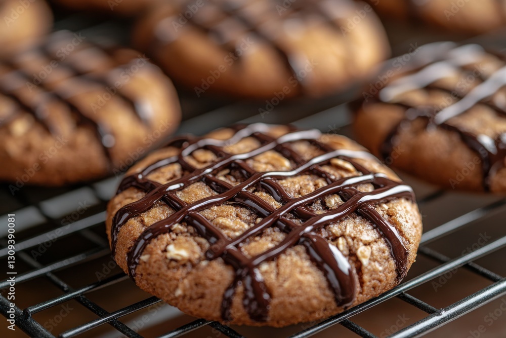 Poster delicious cookies drizzled with rich dark chocolate on a cooling rack ready to be enjoyed sweet trea