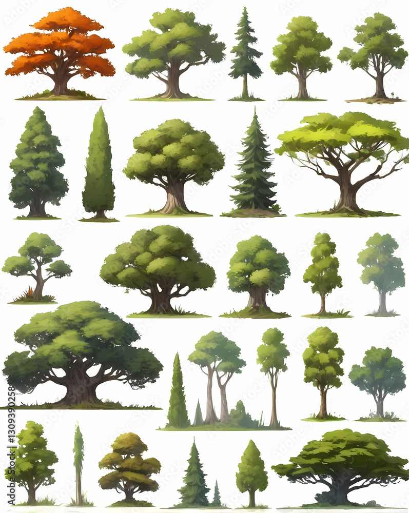 Poster a collection of stylized trees of different shapes and colors. They are arranged in a grid against a clean background