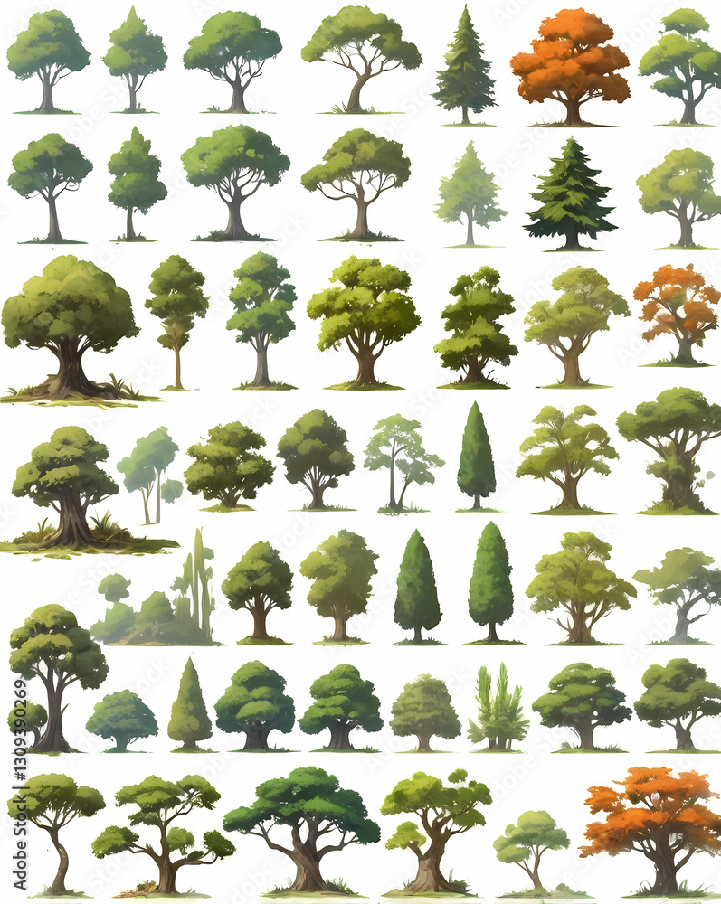 Poster a collection of various trees in different shapes, colors, and sizes