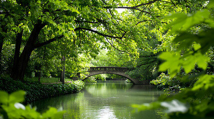 Fototapeta premium Stone Arch Bridge Spanning Over Serene River Surrounded By Lush Green Trees in Park