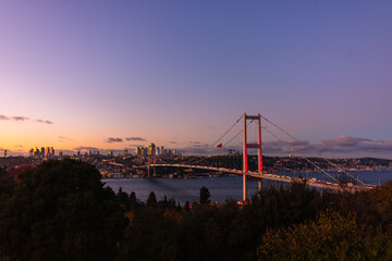 Istanbul view at sunset. Bosphorus Bridge and cityscape of Istanbul