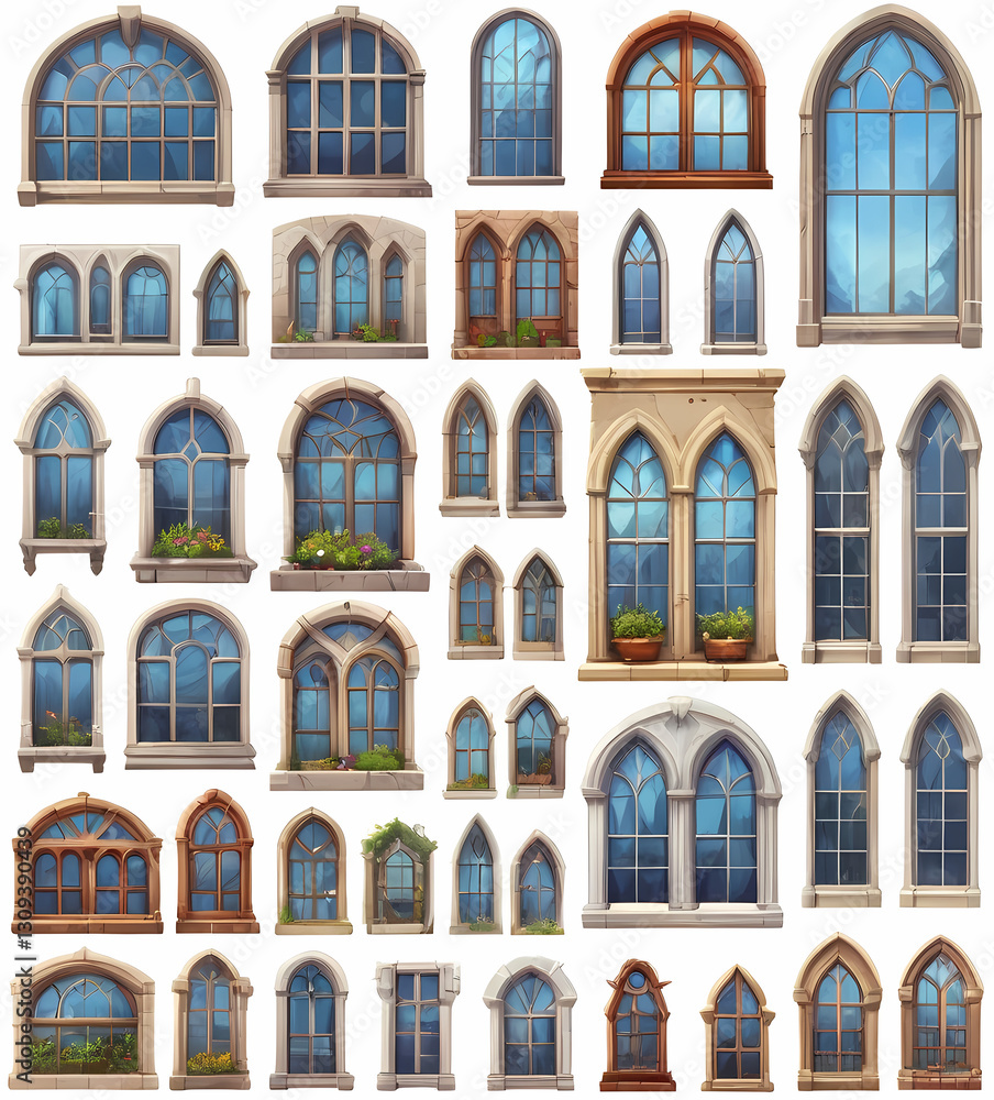 Poster a collection of various arched windows with diverse styles and designs, showcasing architectural ele