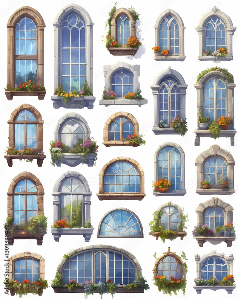 Poster a collection of various artistic window designs with plant boxes, each depicting a unique style and 