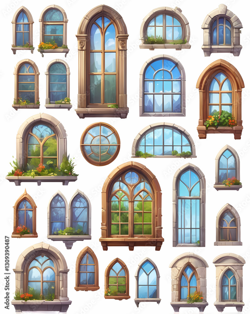 Poster a collection of various antique windows, showcasing different shapes and styles, all with a touch of