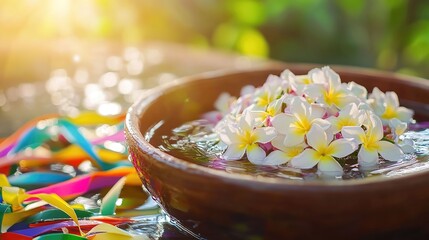 Vibrant water bowl with jasmine and ribbons, symbolizing Songkran's festive renewal and joy