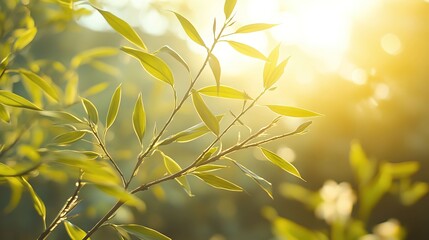Delicate willow branches with fresh green leaves, soft pastel flowers in the background, warm sunlight filtering through, serene and peaceful atmos