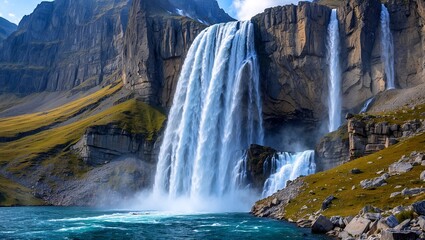 Majestic waterfall cascading down rocky mountain terrain