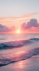 1. A soft, romantic sunset with pink and orange hues filling the sky, reflecting off the calm ocean waves