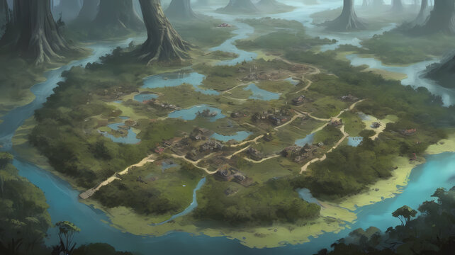 an aerial view of an old map of an island in the middle of a swamp