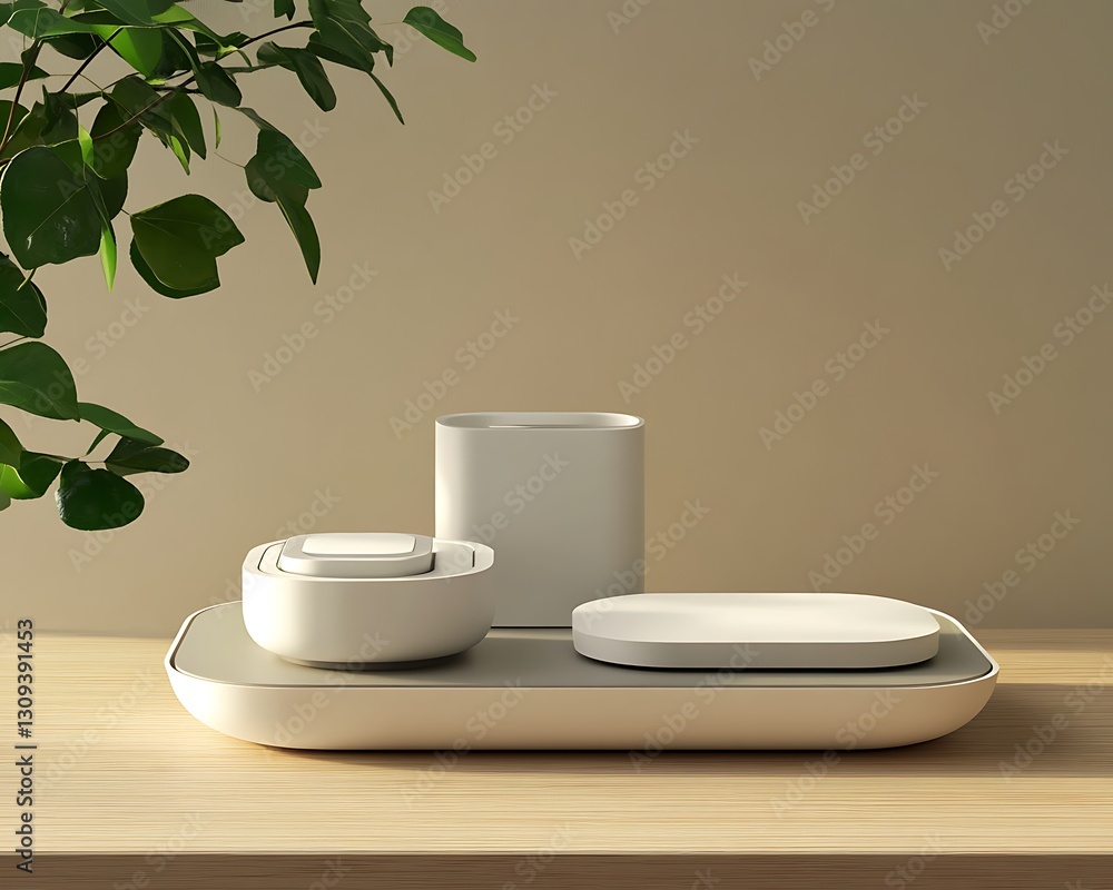 Poster modern minimalist product display featuring white objects and green leaves
