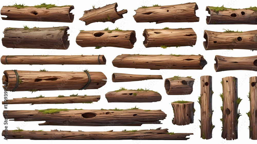 Aufkleber an assortment of logs with varying sizes and textures arranged on display. The logs feature weathered appearances, some with moss, and visible natural patterns