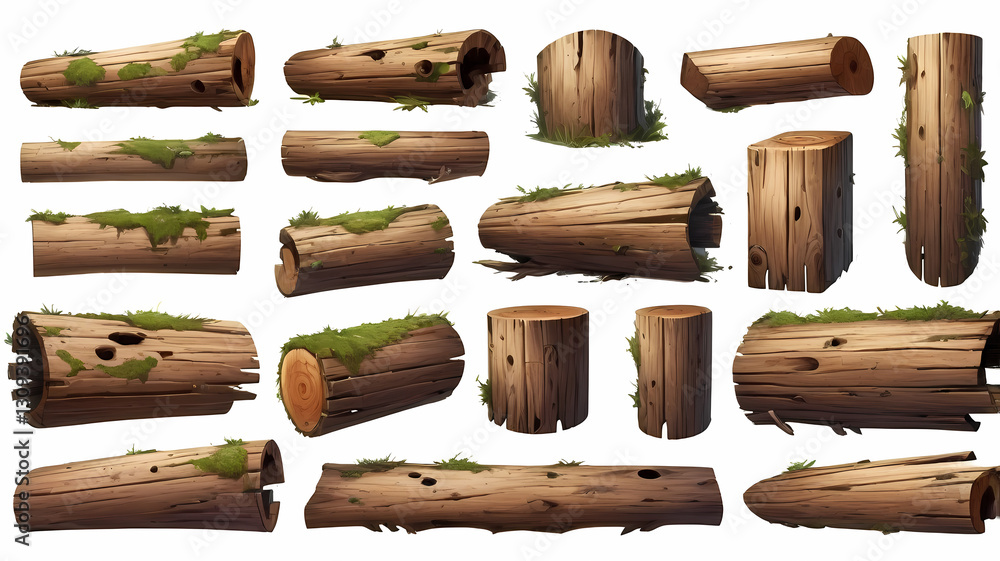 Poster a collection of various old weathered logs. Some logs are covered with moss