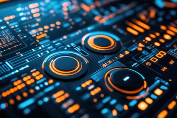 Futuristic Interface with Glowing Circuits and Control Buttons