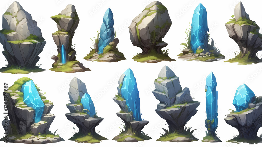 Poster a collection of abstract rock formations with a vibrant look. There are multiple different shapes, colors, and textures. It could be used for game backgrounds, graphic design, art projects.