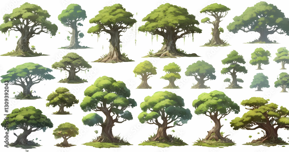 Poster a collection of various green trees, offering a diverse range of shapes and sizes. The image showcases their lush foliage and intricate branch structures.