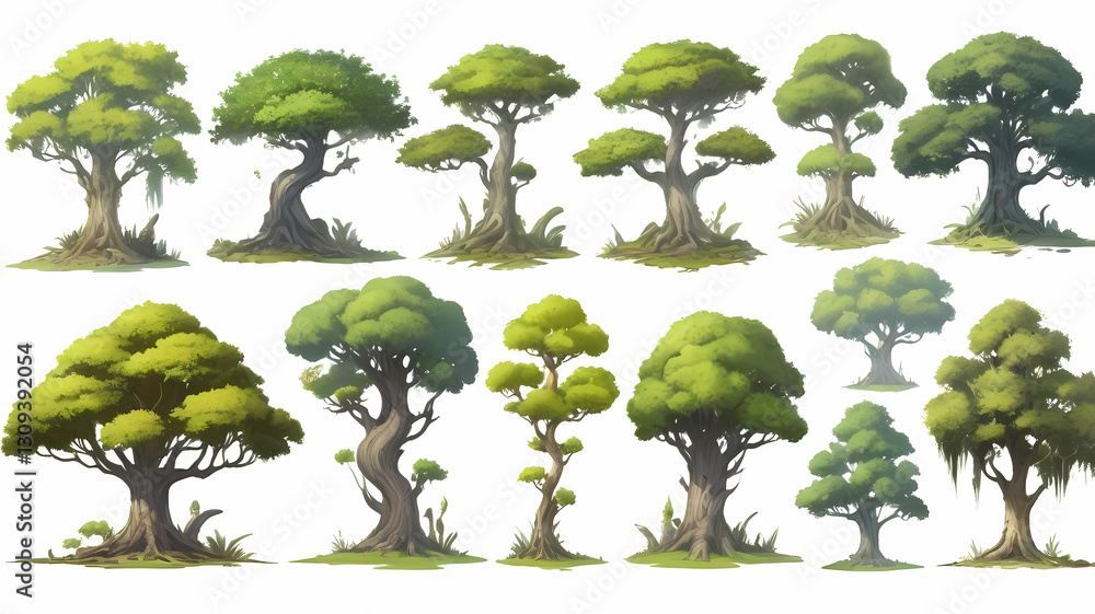 Poster collection of various stylized trees with lush green foliage and distinct shapes. Each tree appears unique