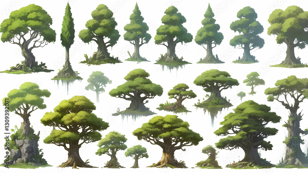 Poster a collection of various trees and their different forms. The image presents an assortment of trees, each unique in shape and appearance. 