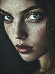 striking close up portrait of woman with piercing eyes and freckles, showcasing intense emotion and captivating detail. image highlights her natural beauty and expressive gaze
