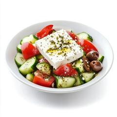 fresh Greek salad with feta cheese, olives, and cucumbers is served in white bowl
