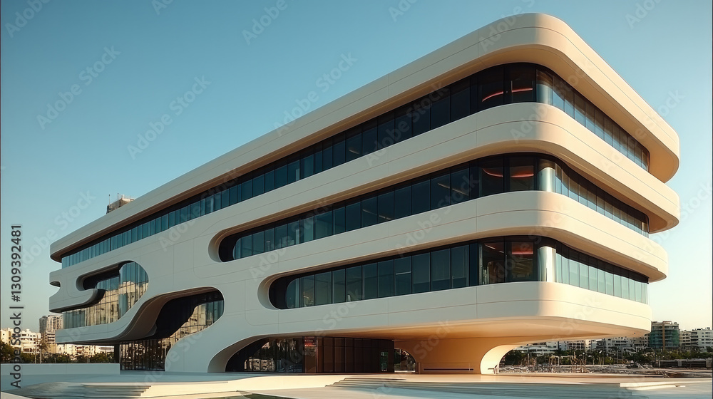 Poster Modern office building with unique architecture and large windows, showcasing luxury design and innovative style